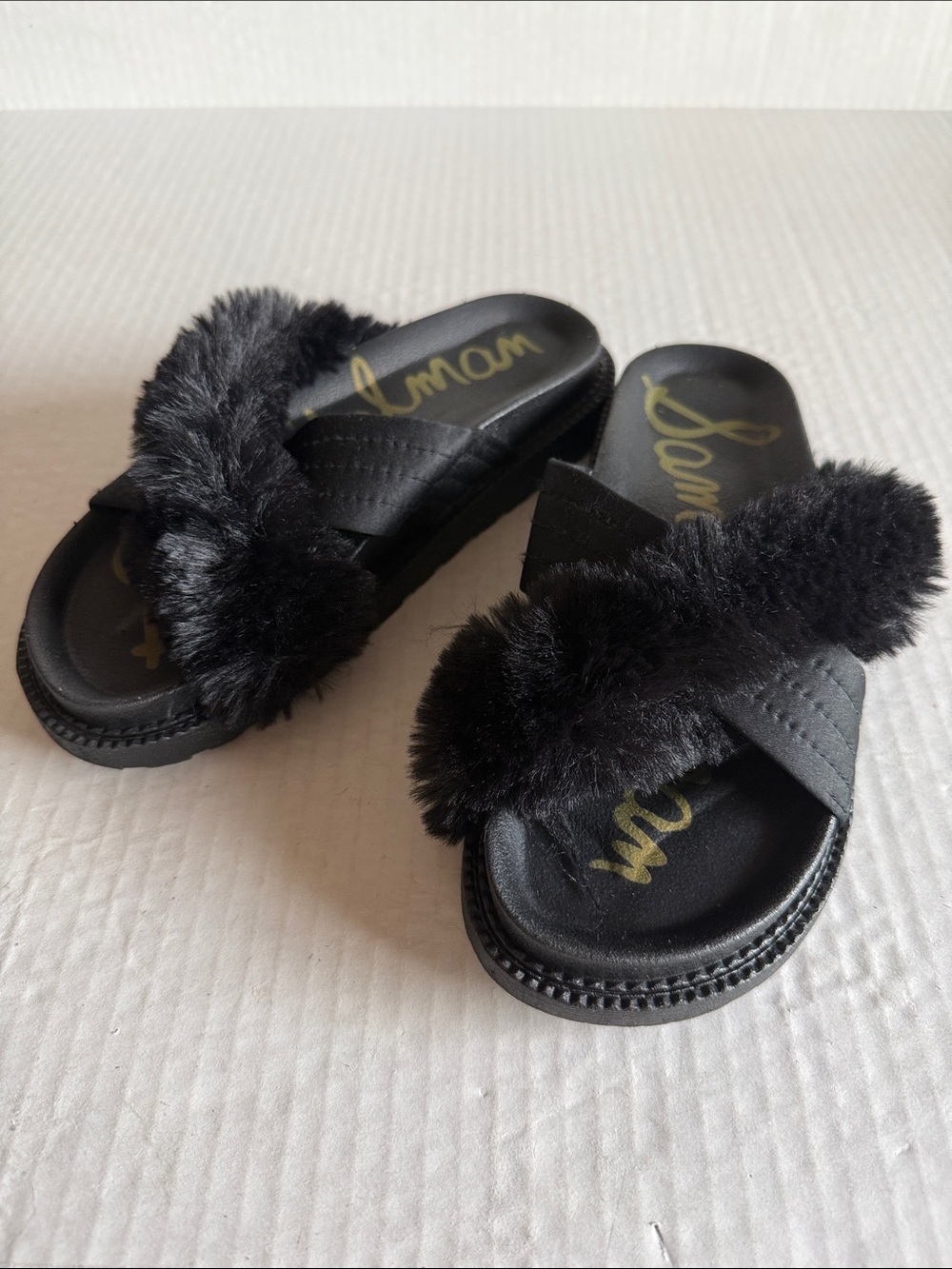 Sam Edelman Black Faux Fur Trimmed Slide Sandals
